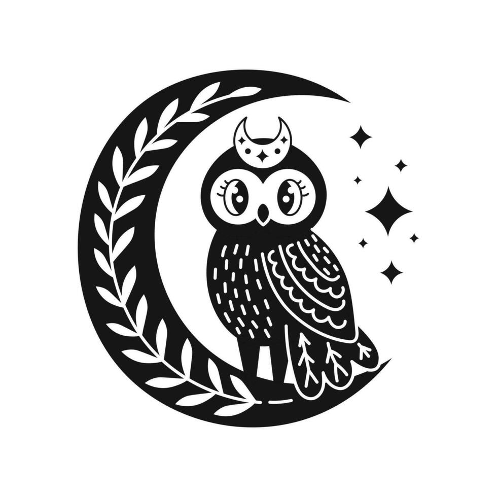 hibou avec croissant et étoiles griffonnage vecteur