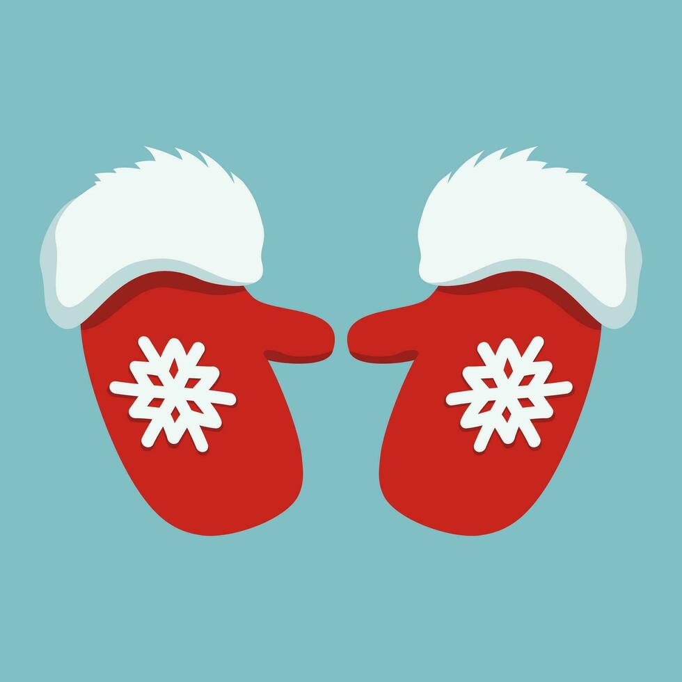 deux rouge Mitaines avec flocons de neige sur eux. rouge Mitaines de Père Noël claus avec fourrure. symbole de Noël et Nouveau an. chaud vêtements pour le hiver saison. vecteur illustration.