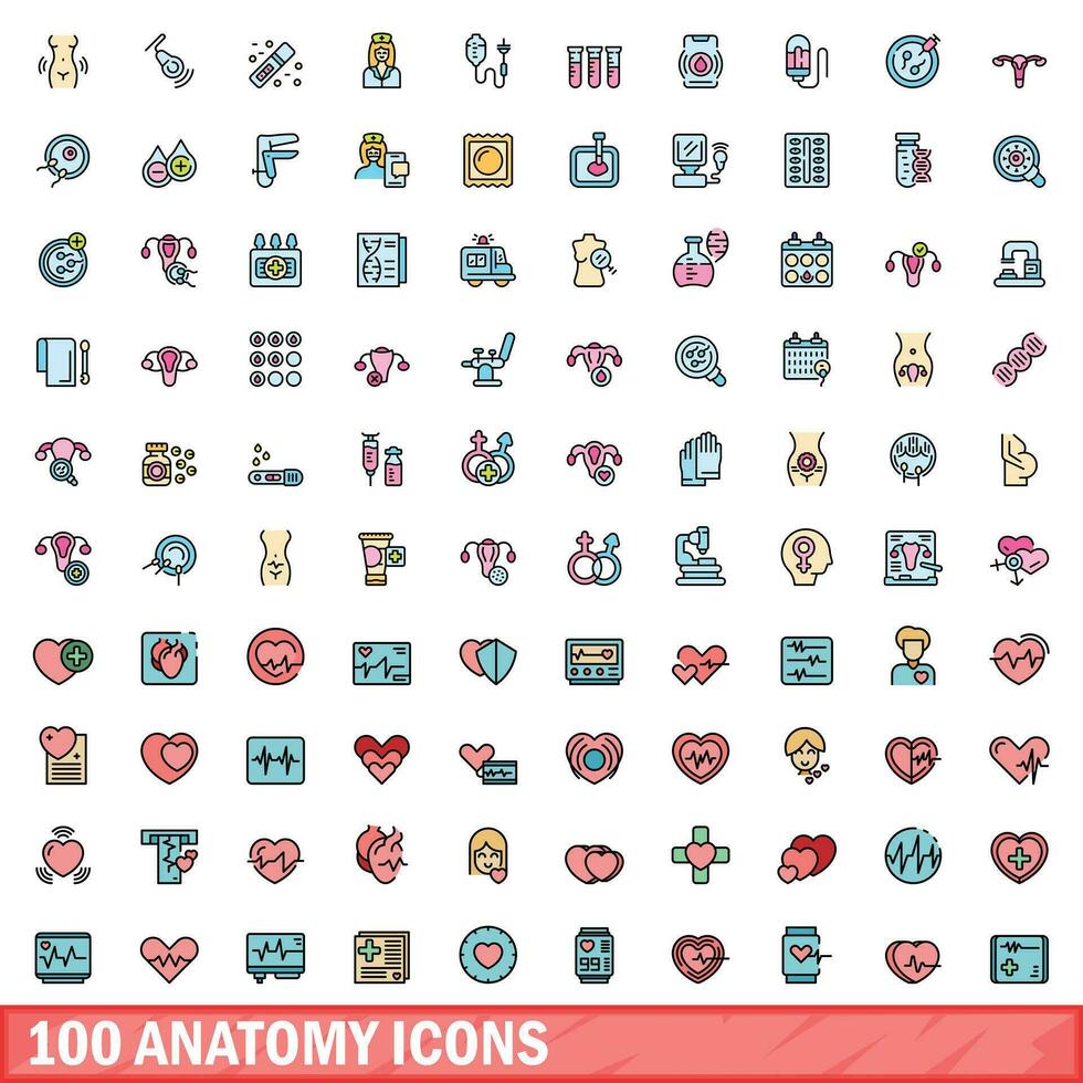 100 anatomie Icônes ensemble, Couleur ligne style vecteur