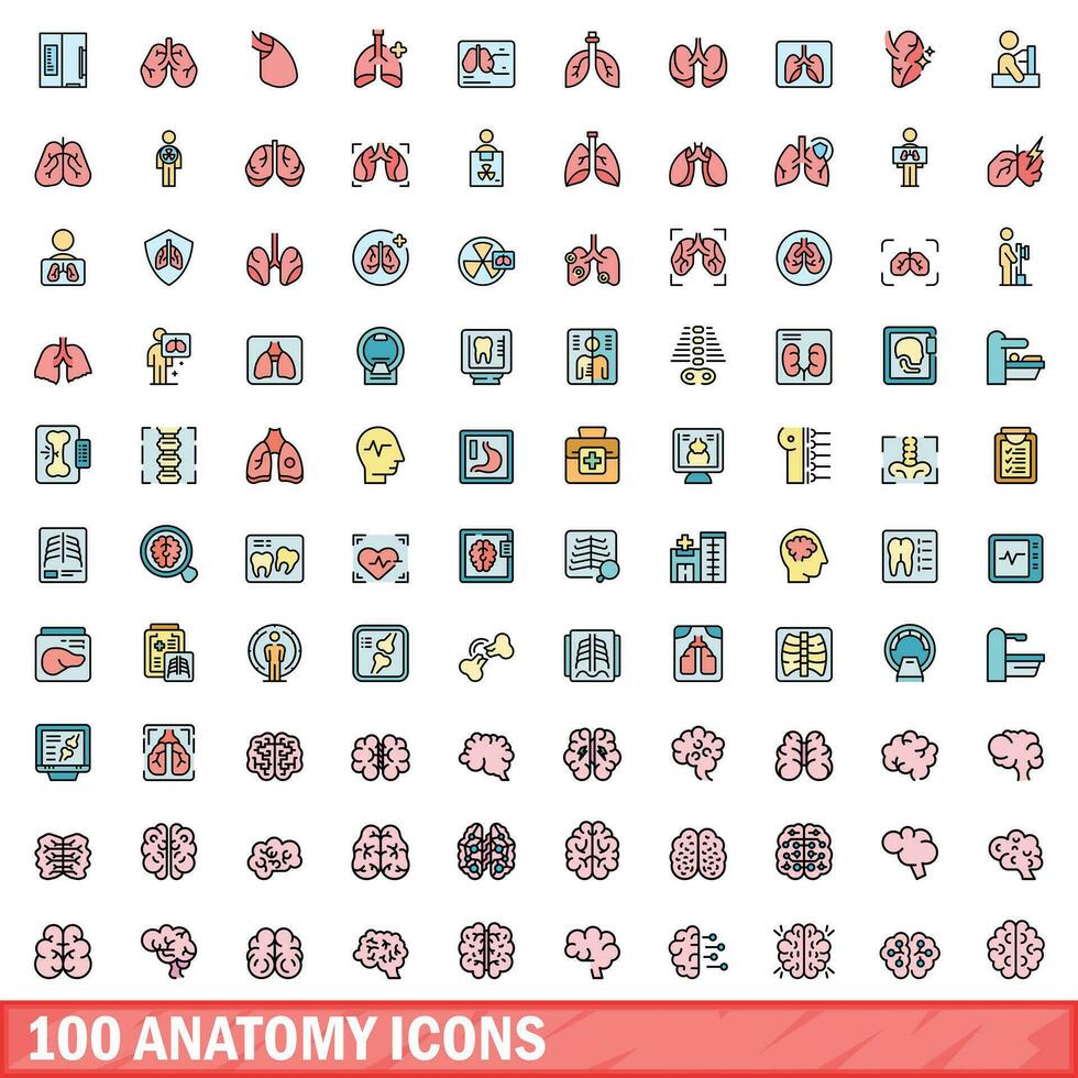 100 anatomie Icônes ensemble, Couleur ligne style vecteur