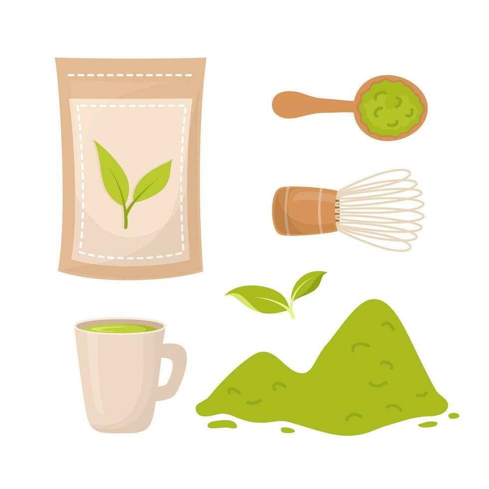 matcha thé. ensemble de thé matcha poudre, thé feuilles, fouet, cuillère, Coupe. outils pour Japonais matcha thé cérémonie. vecteur