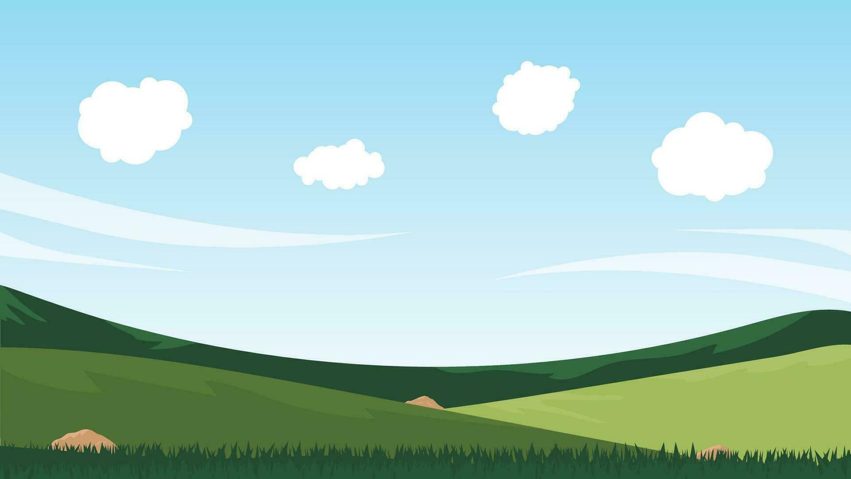 scène de dessin animé de paysage avec champ vert et nuage blanc sur fond de ciel bleu d'été vecteur