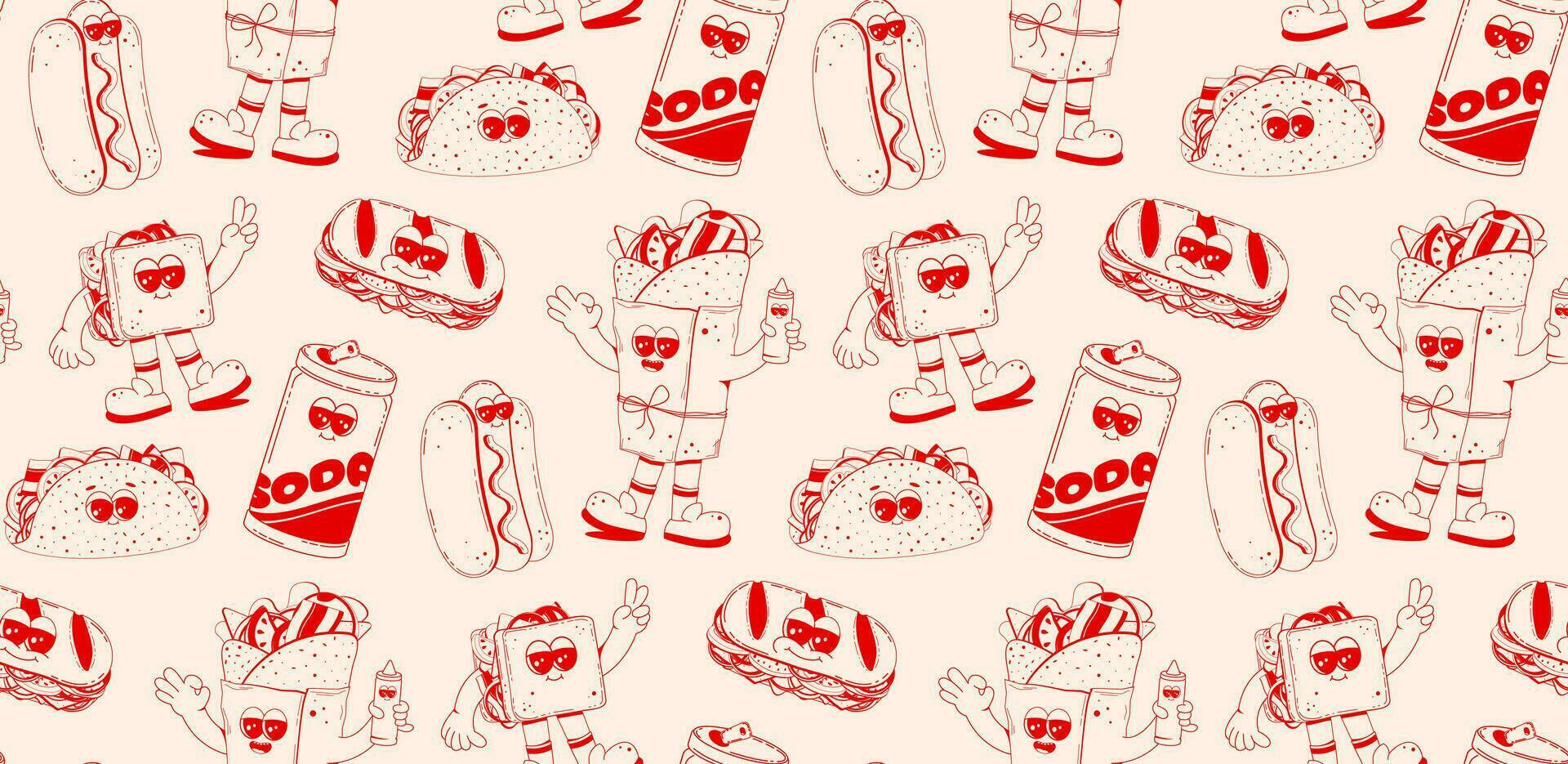 ensemble de vite nourriture personnages dans rétro linéaire style. Hamburger, pizza, un soda, hotte chien, frites. griffonnage illustration dans rétro dessin animé style. vecteur