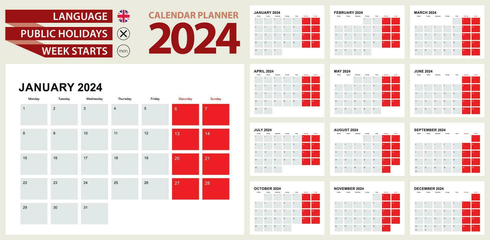 2024 calendrier planificateur conception. la semaine départs de Lundi vecteur