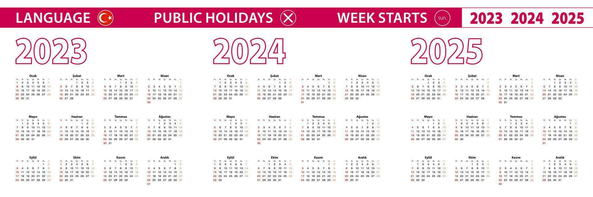 2023, 2024, 2025 année vecteur calendrier dans turc langue, la semaine départs sur dimanche.