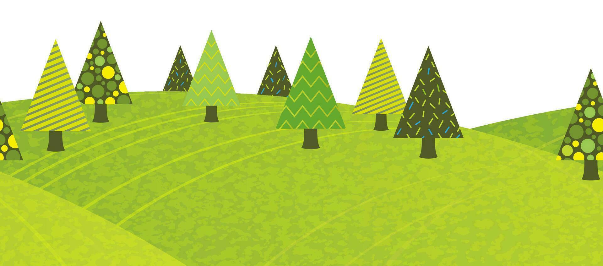Vector illustration de fond de forêt de printemps vallonné sans soudure. répétable horizontalement.
