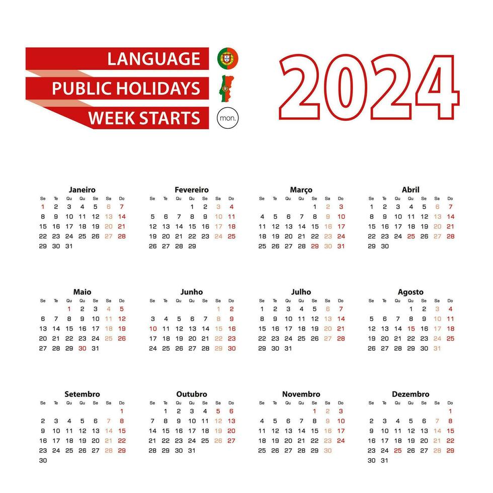 calendrier 2024 dans Portugais Langue avec Publique vacances le pays de le Portugal dans année 2024. vecteur