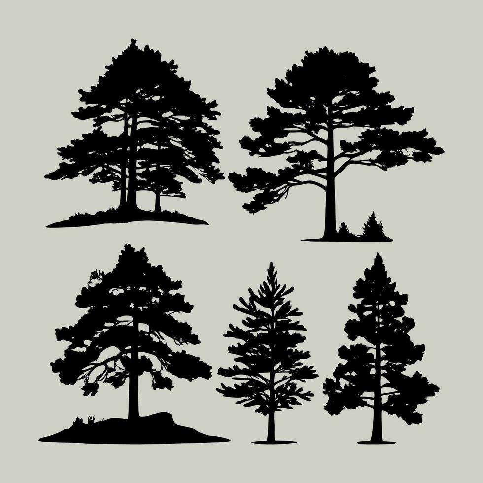 ancien des arbres et forêt silhouettes ensemble, plat icône conception vecteur sur blanc Contexte