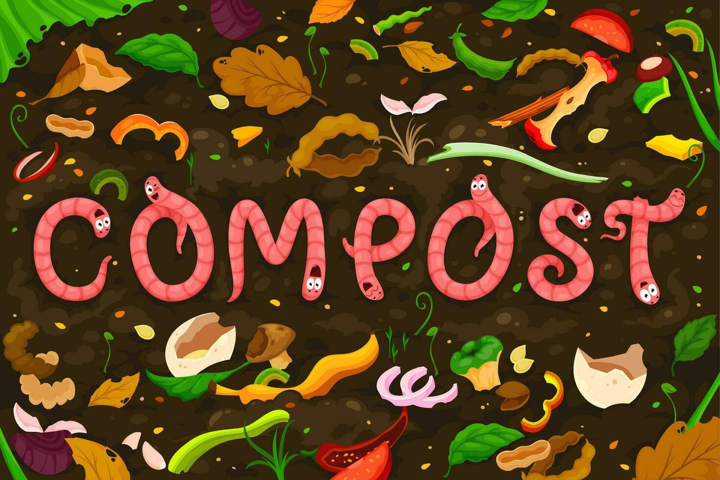 dessin animé Terre Ver de terre personnages, compost sol humus vecteur