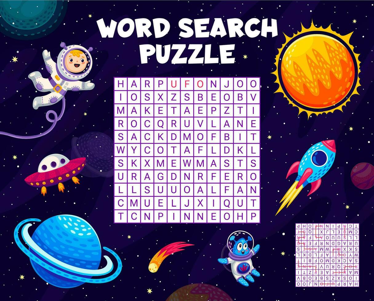 mot chercher puzzle jeu, astronaute fusée dans espace vecteur