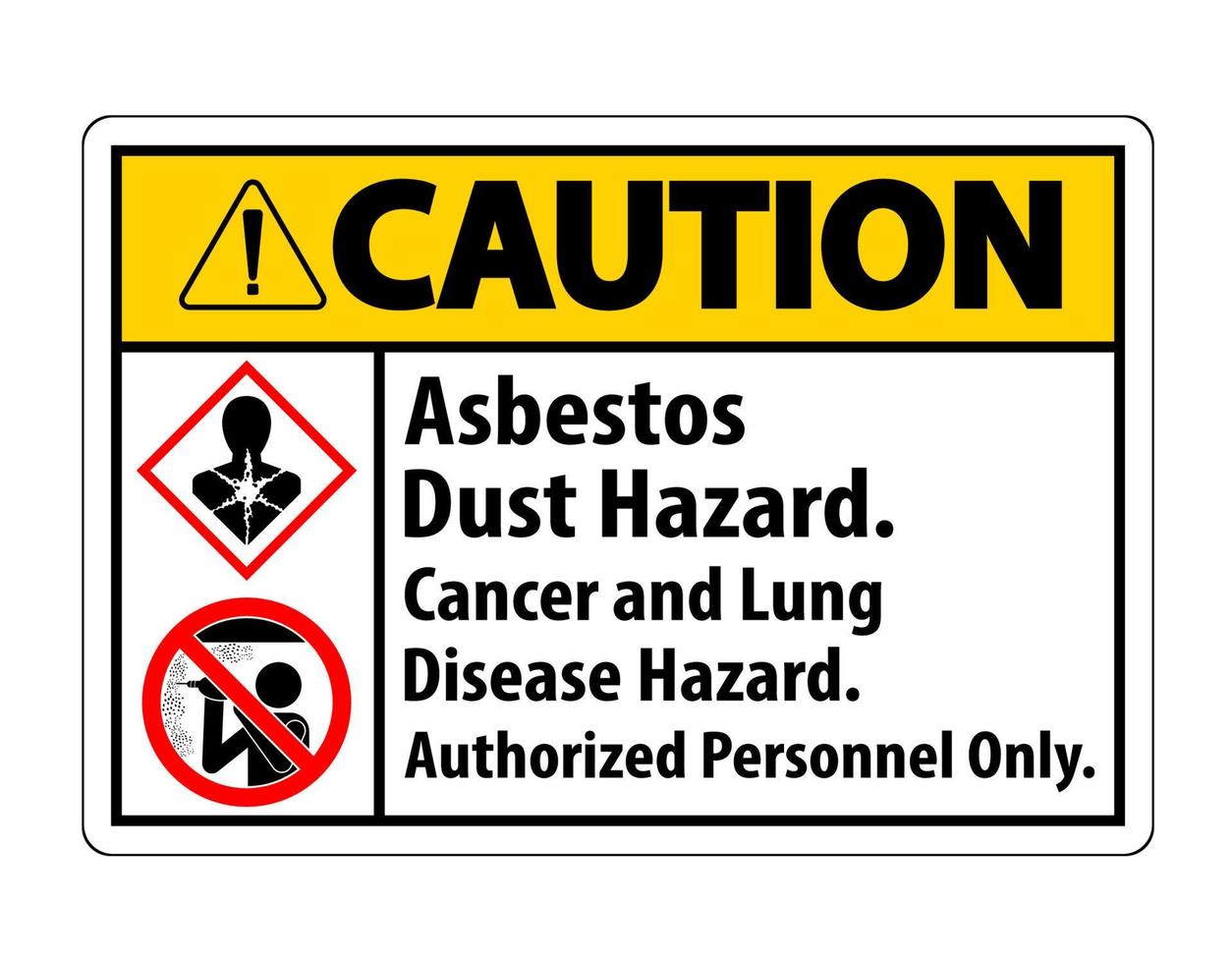 Attention étiquette de sécurité, risque de poussière d'amiante, risque de cancer et de maladie pulmonaire personnel autorisé uniquement vecteur