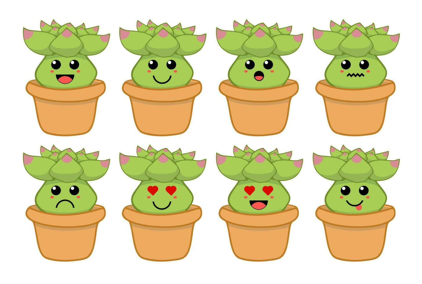 ensemble de mignonne dessin animé coloré vert succulent cactus avec différent émotions. marrant émotions personnage collection pour enfants. fantaisie personnages. vecteur illustrations, dessin animé plat style