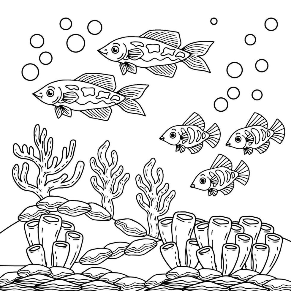 aqua poisson en dessous de océan coloration page pour enfant vecteur