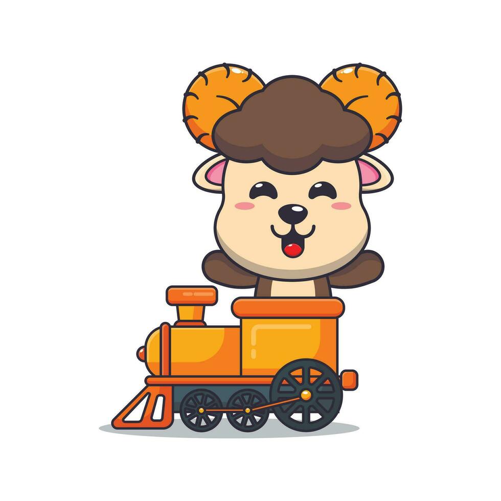 mignonne RAM mouton balade sur train dessin animé vecteur illustration.