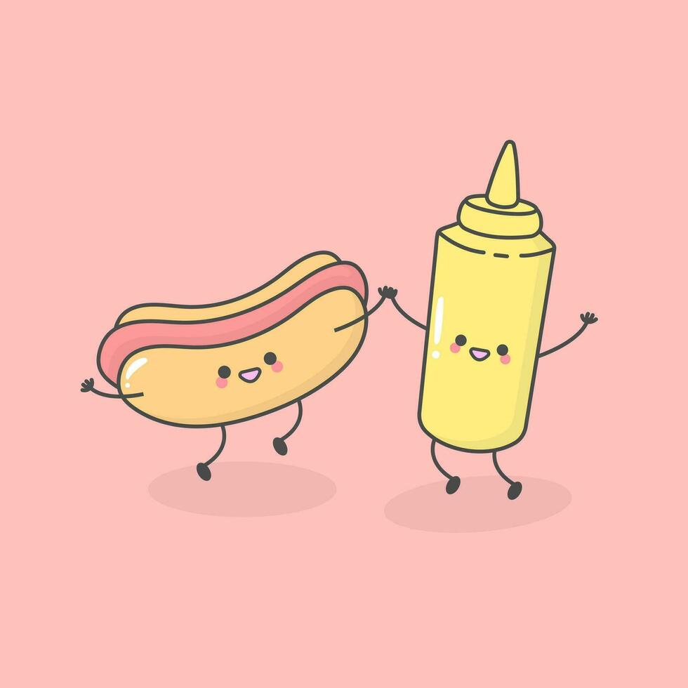vecteur Hot-dog moutarde tomate le Chili sauce vite déchet nourriture avec mignonne faciale expressions et pastel Couleur