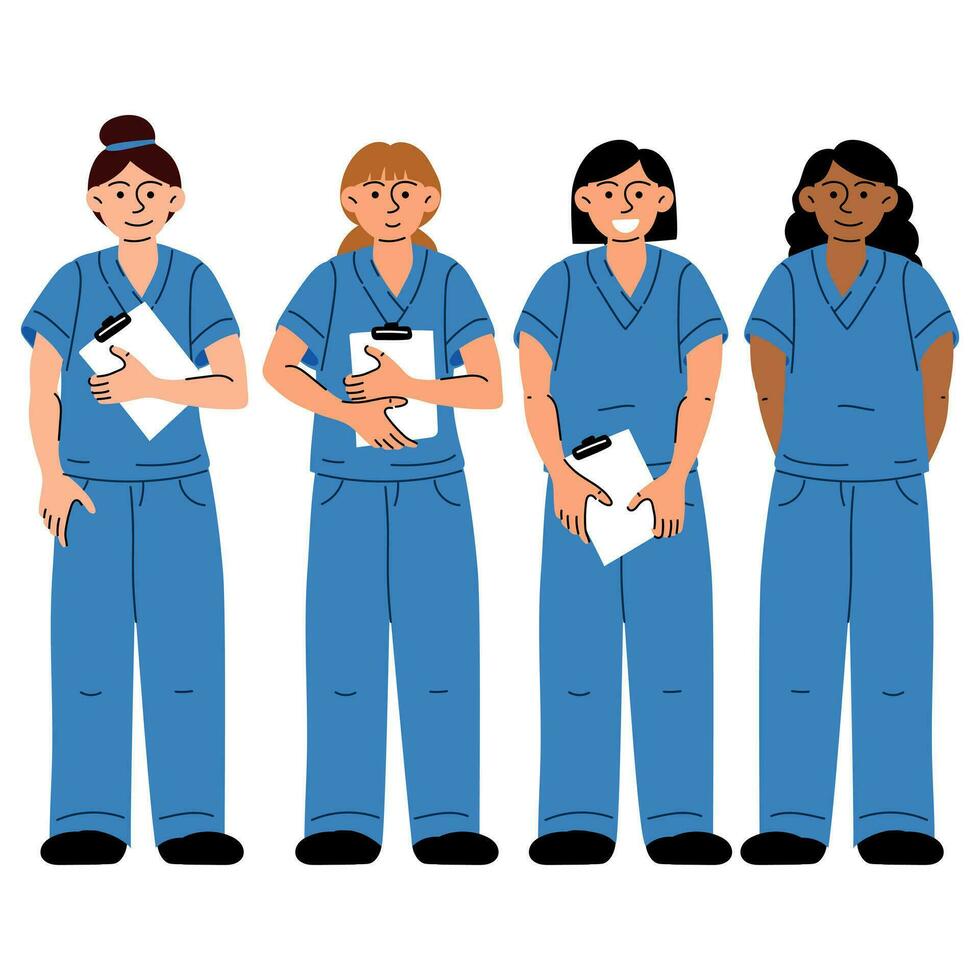 médical ouvriers dans médical bleu uniformes avec documents. une infirmière, une médecin. médical uniforme. une groupe de diverse infirmières dans toute la longueur coloré uniformes sont isolé sur une blanc Contexte vecteur