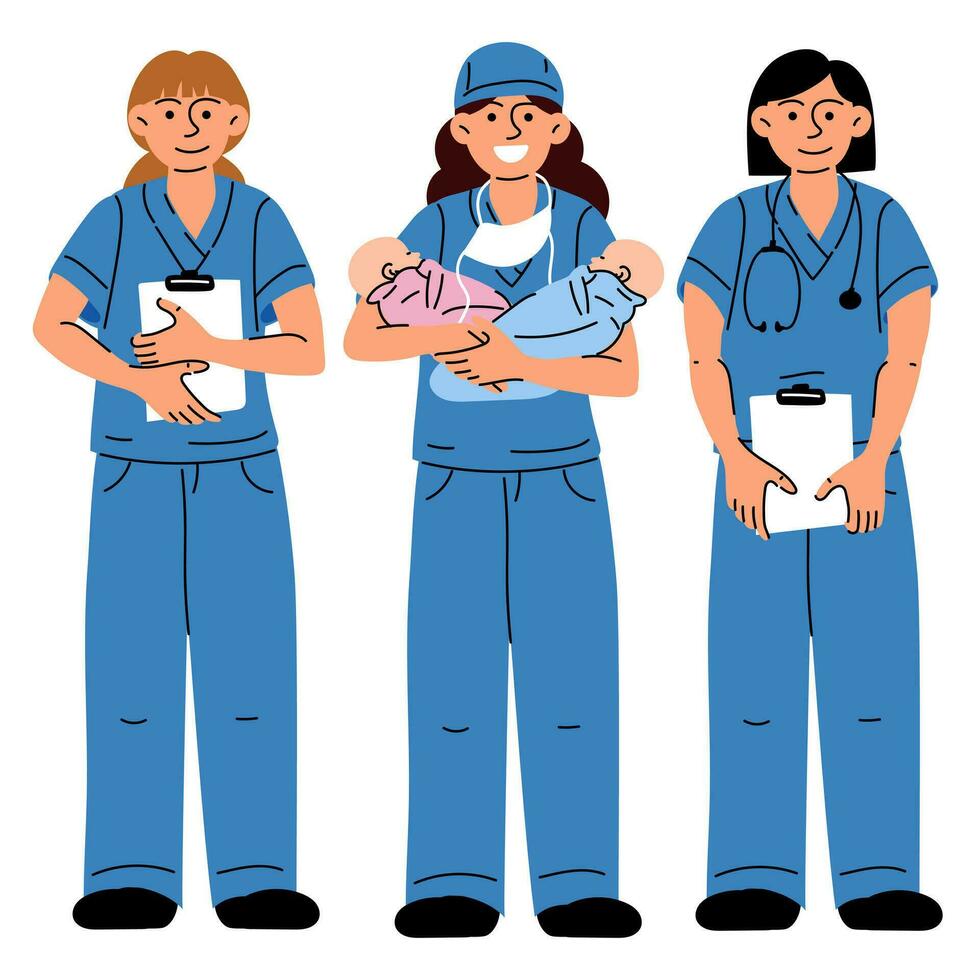 sages-femmes, médical ouvriers qui tenir bébés et documents. médical uniformes de double infirmières, les enfants dans bleu et rose. après donnant naissance dans plein hauteur. une groupe de infirmières dans bleu uniformes. une groupe vecteur