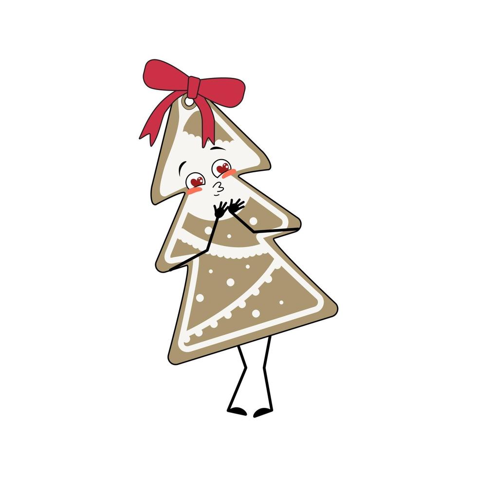 Joli personnage de biscuit au pain d'épice en forme de sapin de Noël joyeux tombe amoureux des yeux coeurs, baiser le visage, les bras et les jambes. décoration de bonbons de bonne année avec des émotions drôles ou souriantes vecteur
