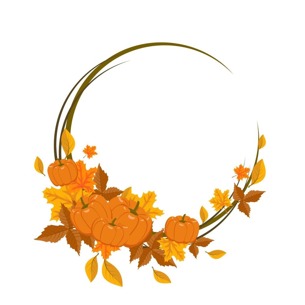 cadre rond avec des feuilles d'érable orange et jaune et des citrouilles. couronne d'automne lumineuse avec des cadeaux de la nature et des branches avec un espace vide pour le texte vecteur