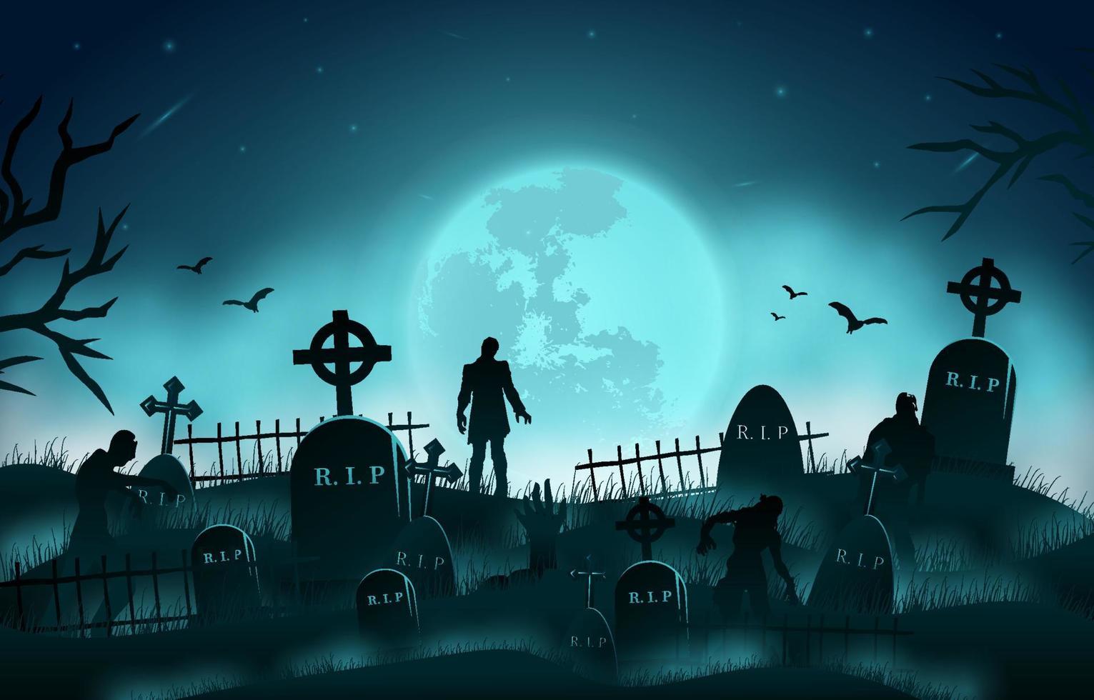 fond d'halloween avec silhouette de zombies dans le cimetière vecteur