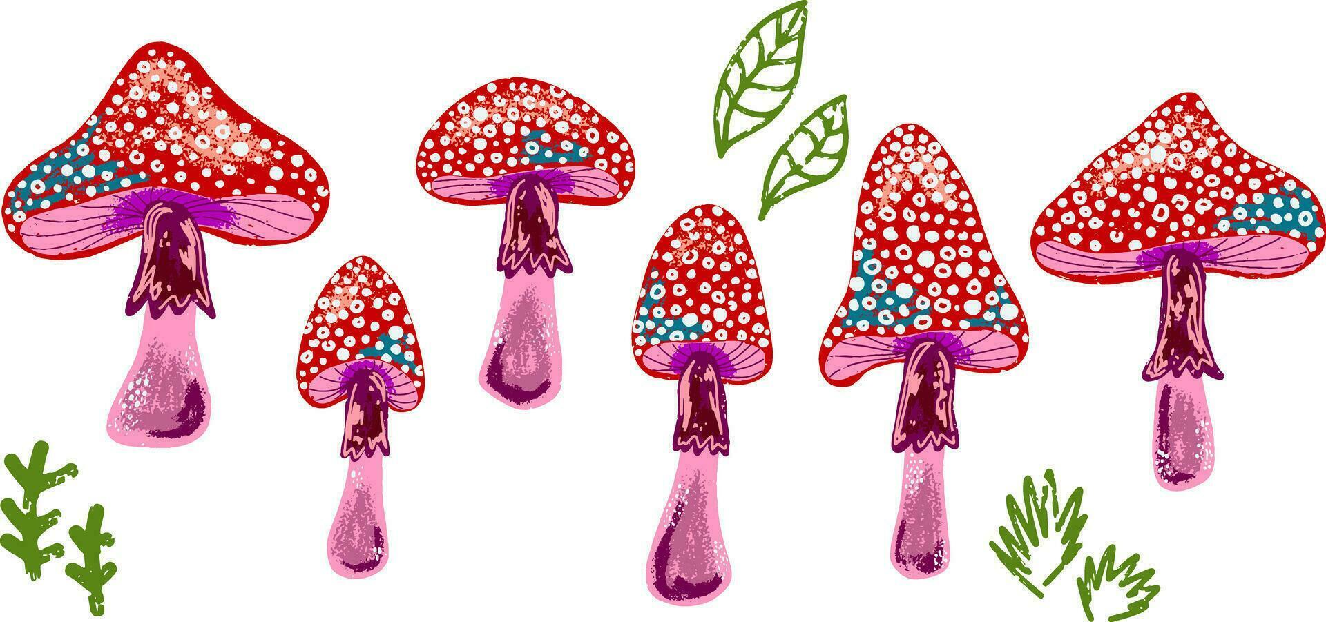 une groupe de coloré champignons avec feuilles et fleurs vecteur
