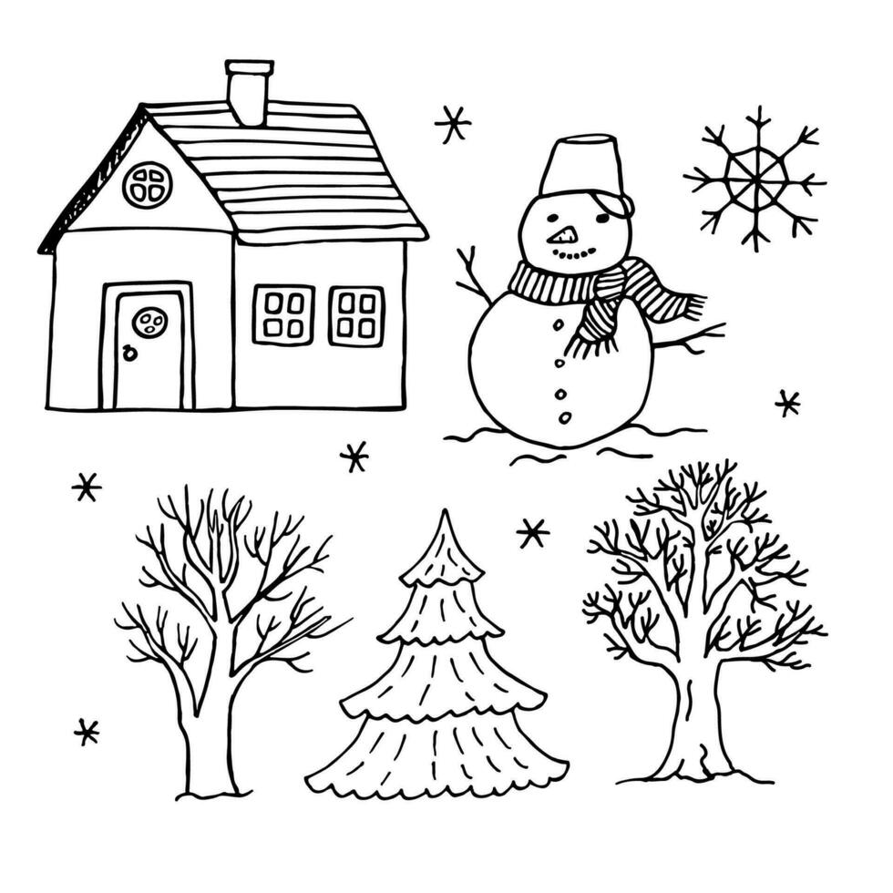 griffonnage ensemble de hiver objet tel comme arbre, bonhomme de neige, maison sur blanc Contexte. noir et blanc ligne vecteur illustration.