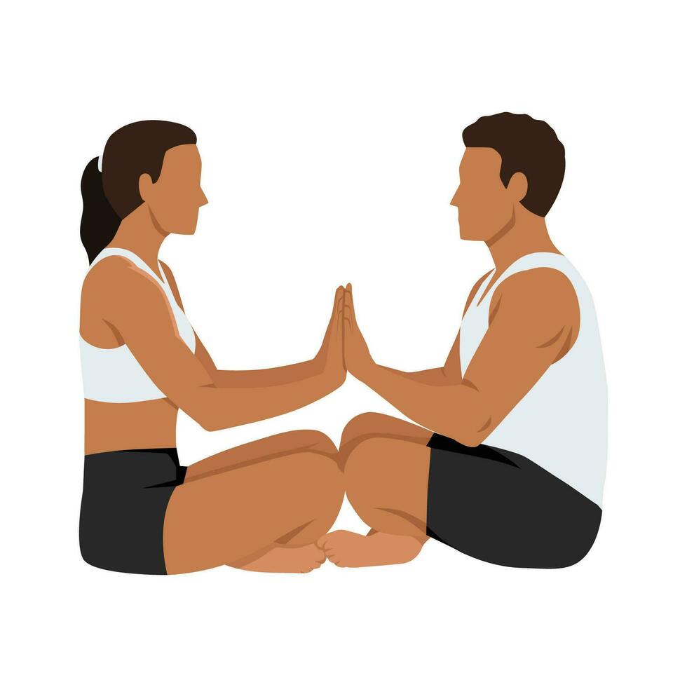 Jeune couple Faire acro yoga exercer. asseoir sur le sol élongation avec mains sur chaque autre. vecteur