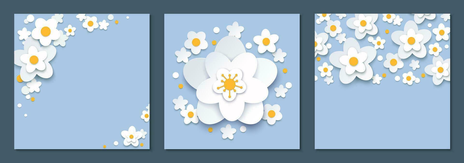 papier Couper floral carré arrière-plans collection blanc printemps fleurs sur bleu avec copie espace pour texte vecteur