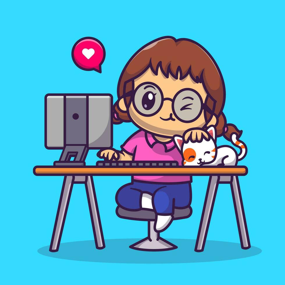 mignonne fille travail sur ordinateur avec chat dessin animé vecteur icône illustration. gens La technologie icône concept isolé prime vecteur. plat dessin animé style