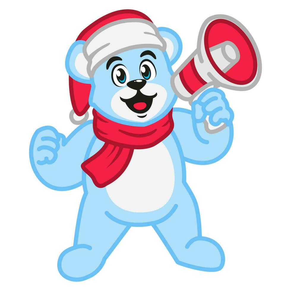 une polaire ours portant une Père Noël claus chapeau en portant une mégaphone vecteur