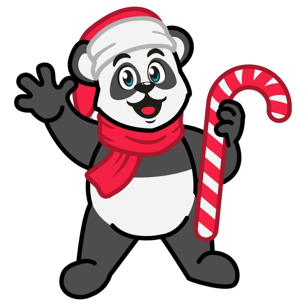 Panda dans une rouge écharpe et une Père Noël chapeau en portant une Noël bonbons canne vecteur