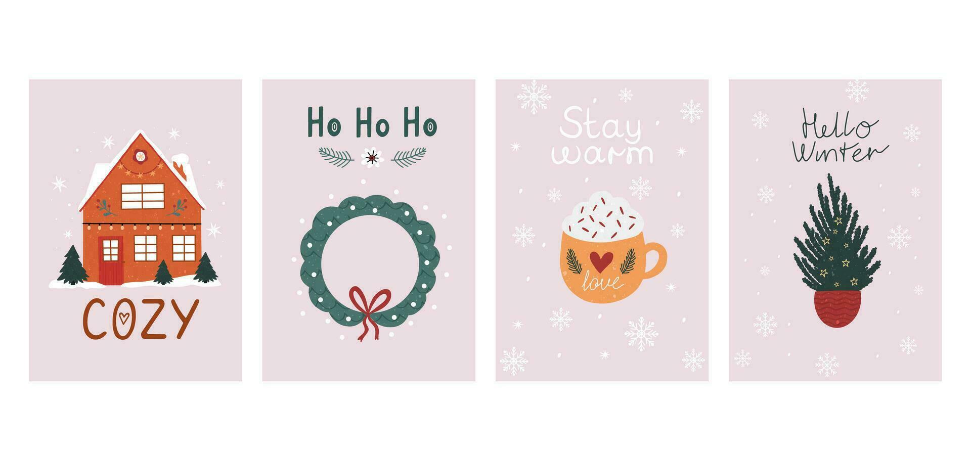 main tiré hiver vacances cartes. joyeux Noël carte avec caractères, loger, Noël couronne, café, cacao et Noël arbre. joyeux Noël. content Nouveau an. invitation cartes avec devis. vecteur