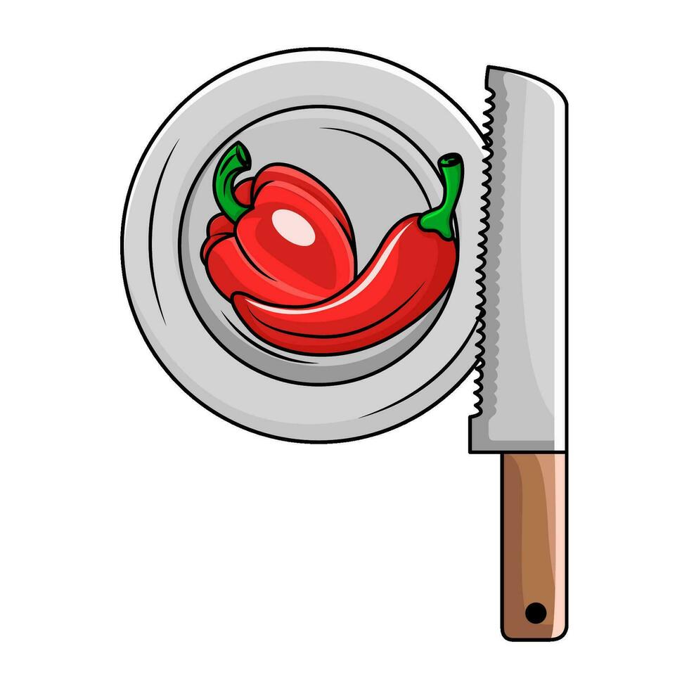 Chili, poivrons dans assiette avec couteau illustration vecteur