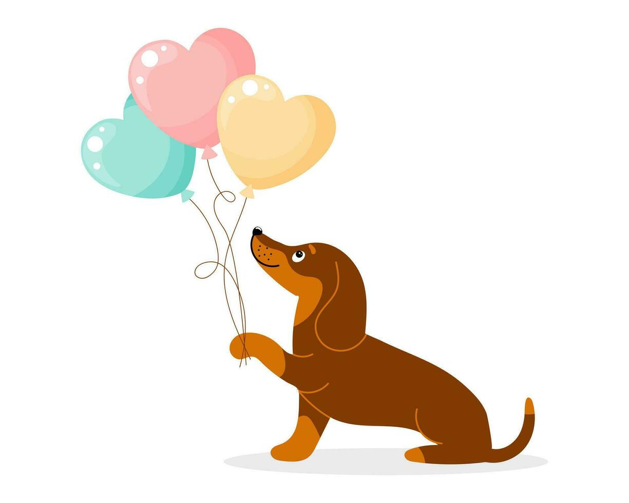 mignonne chien teckel personnage avec cœur en forme de des ballons. anniversaire carte. dessin animé style, vecteur