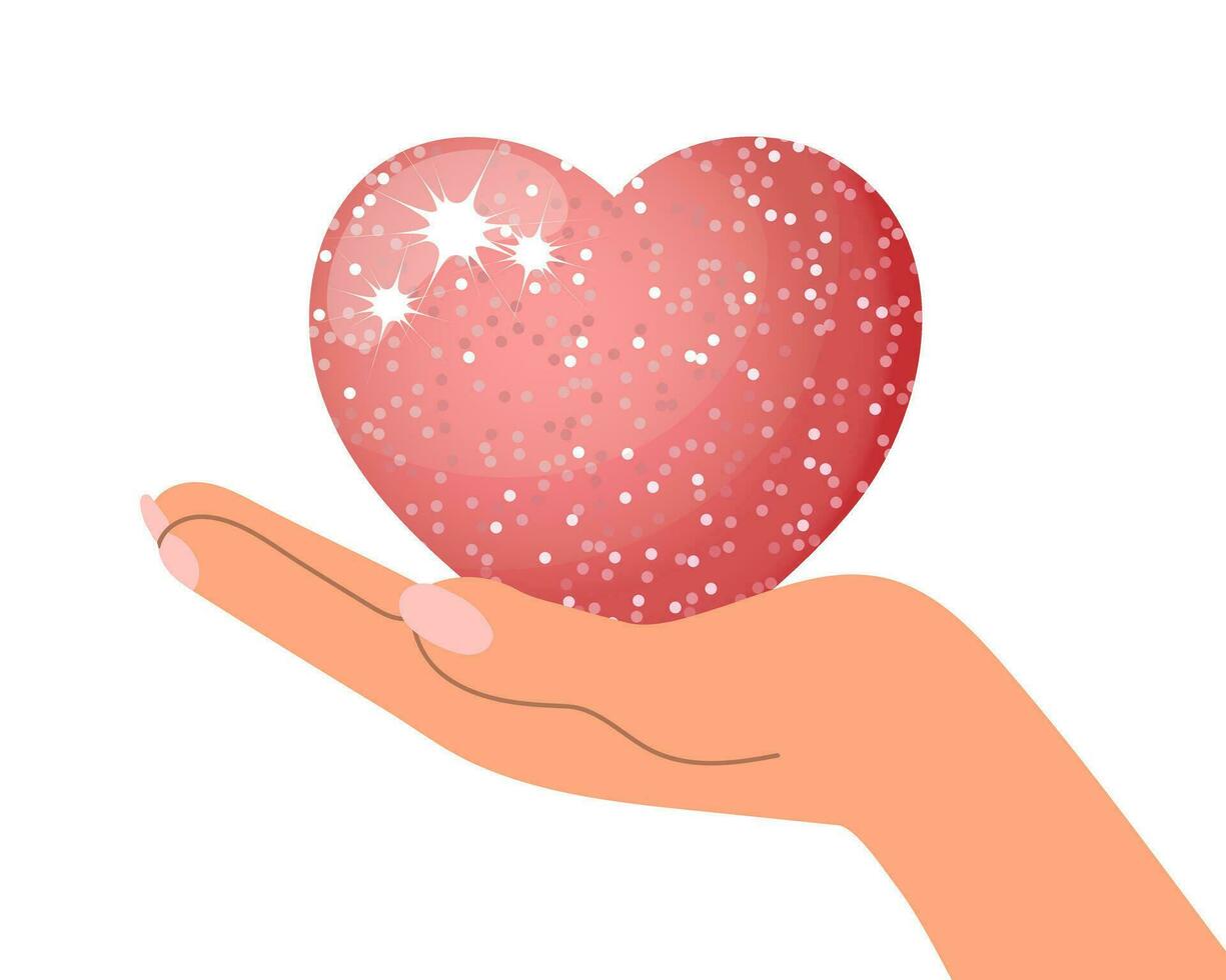coeur rose brillant luxueux dans une main féminine. illustration, saint valentin, icône de mariage, vecteur