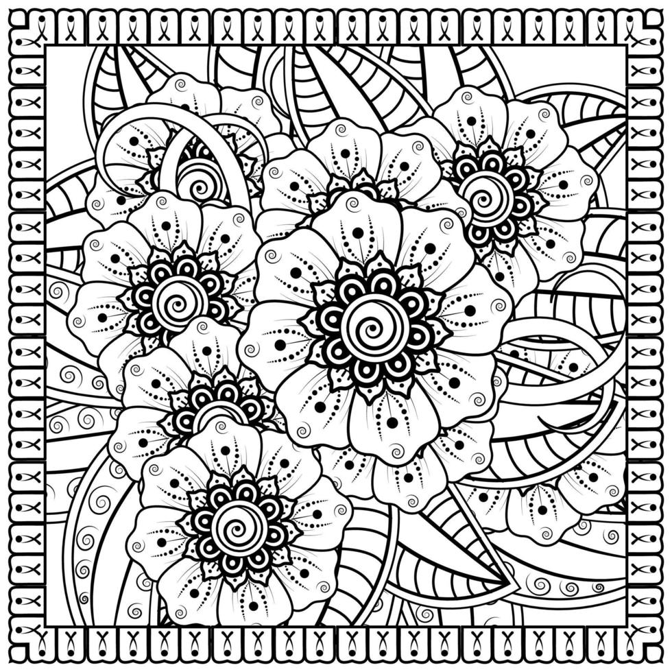 esquisser le motif de fleurs carrées dans le style mehndi pour la page du livre de coloriage vecteur