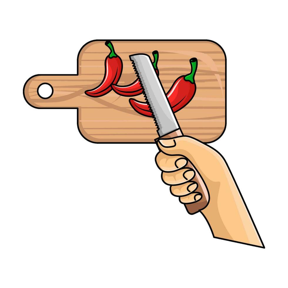couteau dans main avec Chili dans Coupe planche illustration vecteur