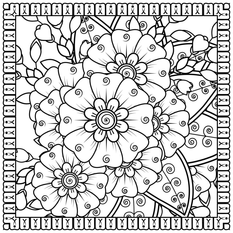 esquisser le motif de fleurs carrées dans le style mehndi pour la page du livre de coloriage vecteur