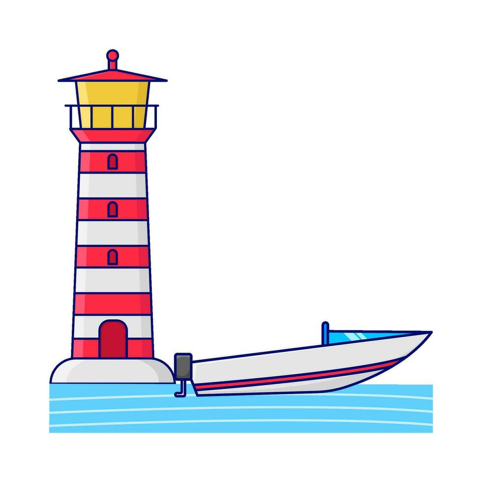 bateau dans mer avec mercusuar illustration vecteur