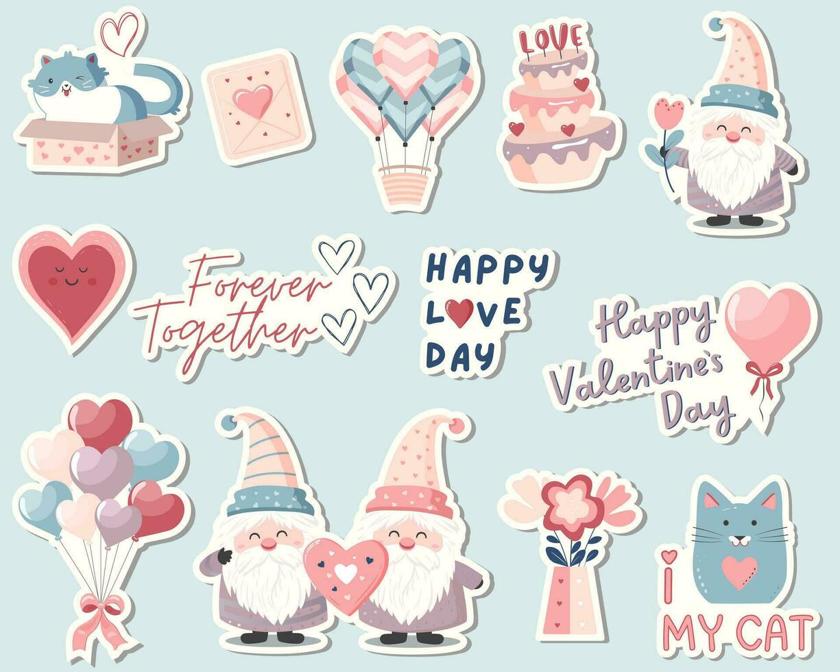 ensemble de mignonne valentines journée autocollants. l'amour éléments gnome, cœur, chat, des ballons. romantique vecteur Icônes pack pastel couleurs