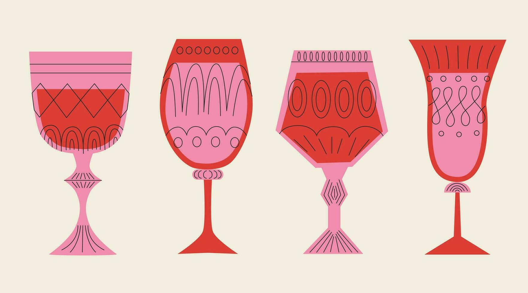 une ensemble de grand des lunettes de différent formes dans rouge et rose couleurs. les boissons dans différent les types de ancien lunettes. linéaire vecteur illustration. dessin animé rétro style