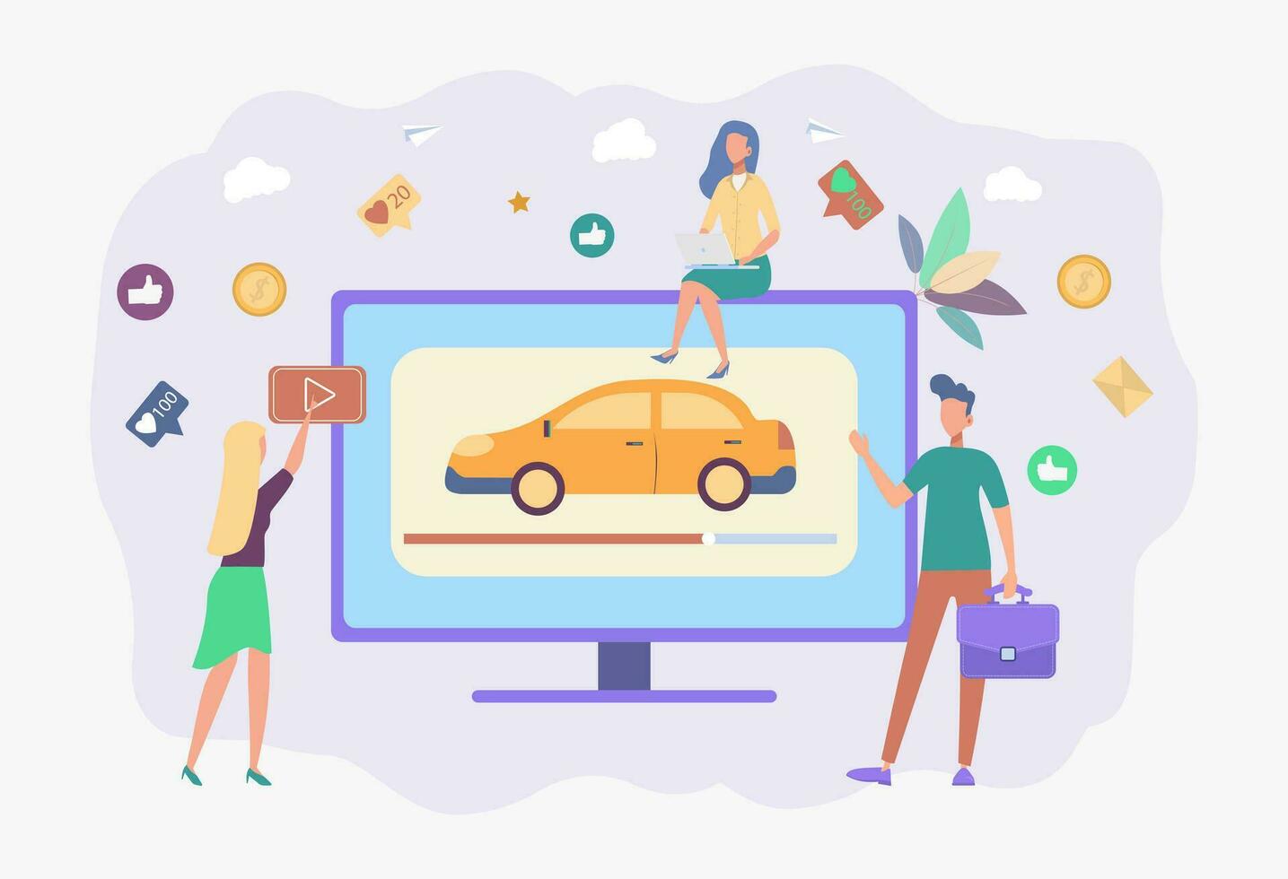 expert vidéo à propos qualité voitures. les clients choisir une voiture par évaluation vidéo. auto vidéo examen, tester conduire canaliser, auto vidéo La publicité concept. coloré vecteur illustration