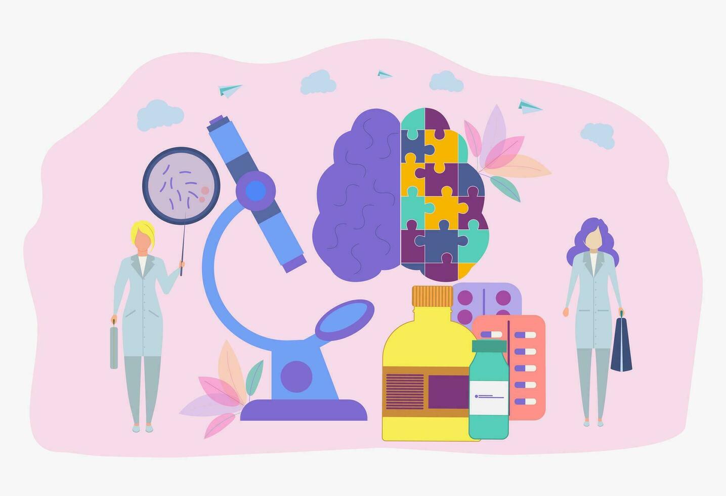 scientifiques sont essai ou produisant médicaments. pharmacologique entreprise, pharmaceutique industrie, pharmacologique un service concept. coloré vecteur illustration.