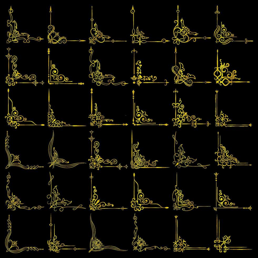 or vecteur illustration de décoratif coin Cadre ensemble. main dessiner de coin Cadre différent forme d'or coin cadres et ancien Cadre décoration, or floral ornements.