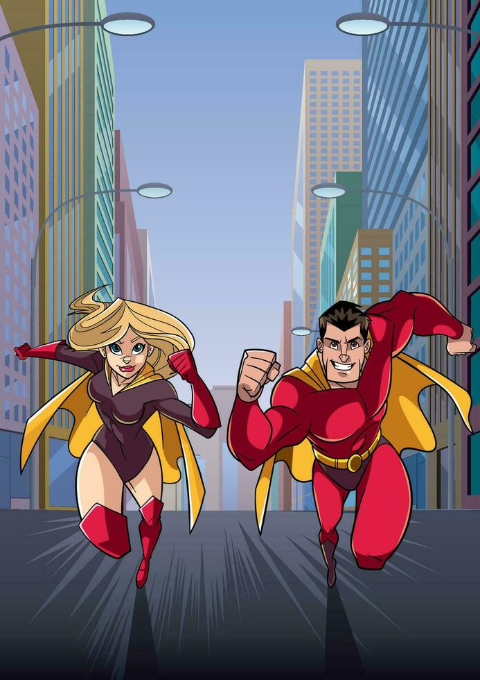super-héros couple fonctionnement dans ville vecteur