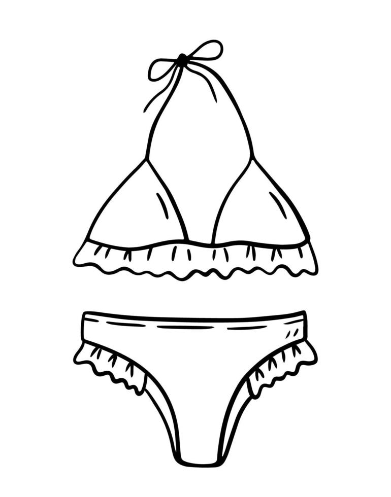 maillot de bain bikini femme isolé sur fond blanc. vêtements de plage d'été. illustration vectorielle dessinée à la main dans le style doodle. parfait pour votre projet, carte, logo, décorations. vecteur