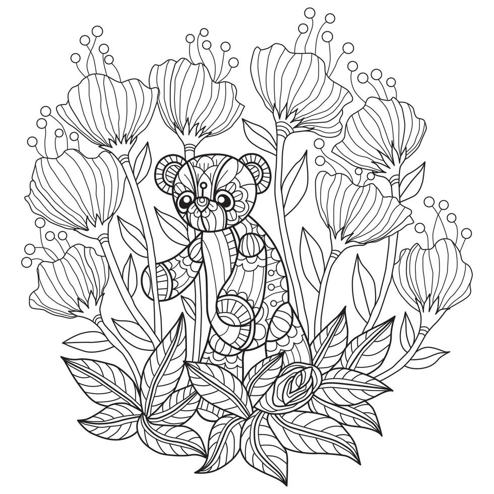 ours en peluche et fleur dargens dessinés à la main pour un livre de coloriage pour adultes vecteur