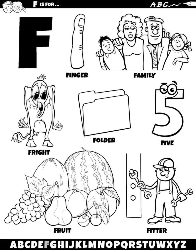 lettre F ensemble avec dessin animé objets et personnages coloration page vecteur
