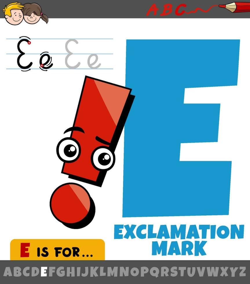 lettre e de alphabet avec exclamation marque personnage vecteur