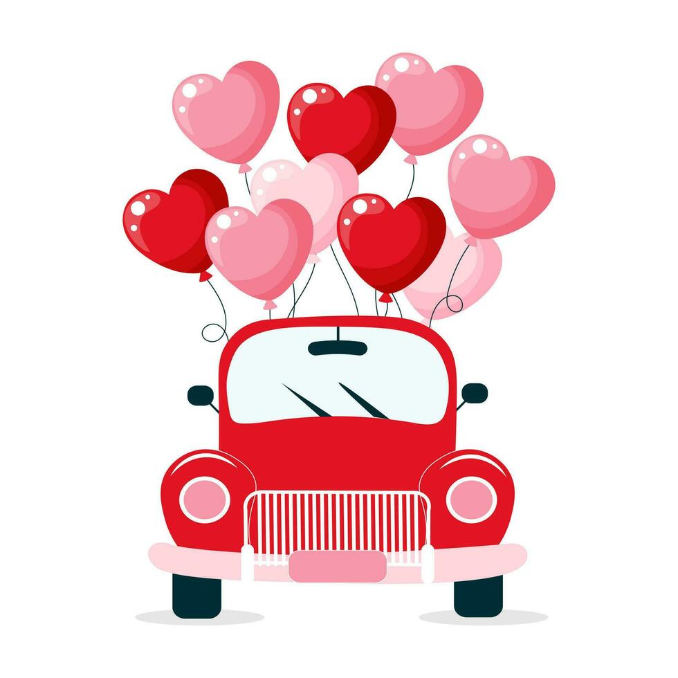 voiture de dessin animé avec des coeurs de ballons. arrière-plan pour la Saint-Valentin, impression de vacances, vecteur